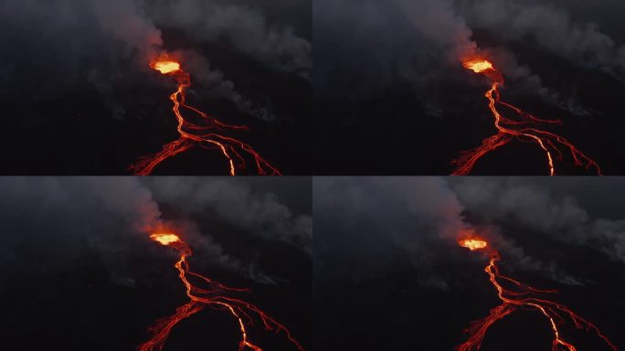 夜间活火山火山口的滑动和俯瞰。从空中俯瞰流动的熔岩流。fagradarsfjall火山。冰岛，202