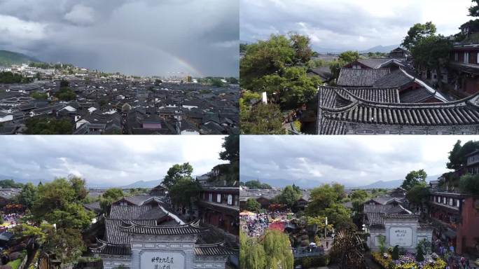 雨后的丽江古城古镇民房彩虹