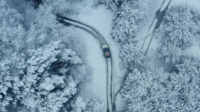 森林中的冬季雪道.空中业务