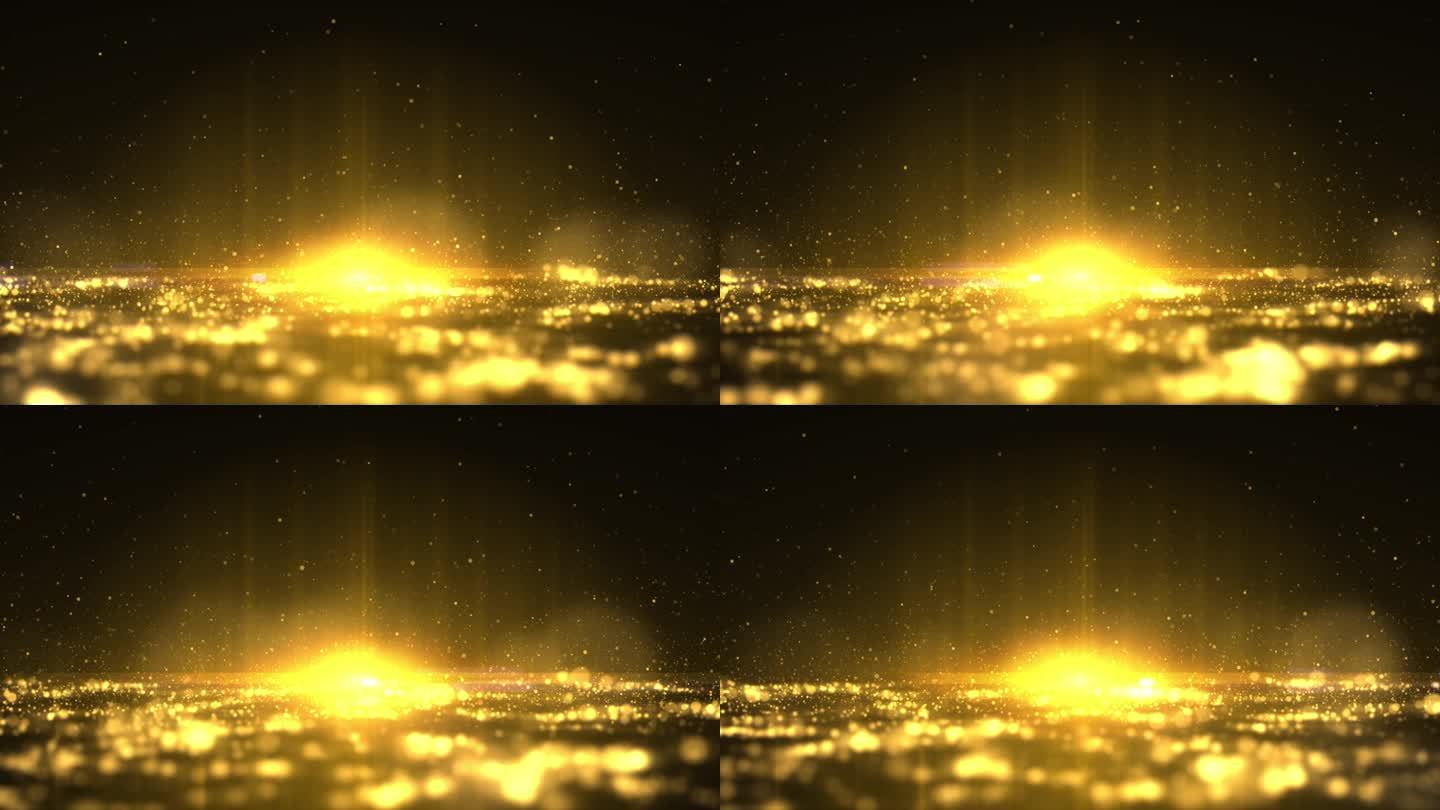美丽的金浮尘颗粒与闪光在黑色背景下慢动作。用Bokeh在空气中动态风球的循环3D动画