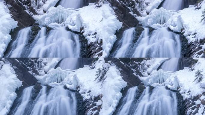 冬季瀑布时间与瀑布和冰柱一起消逝