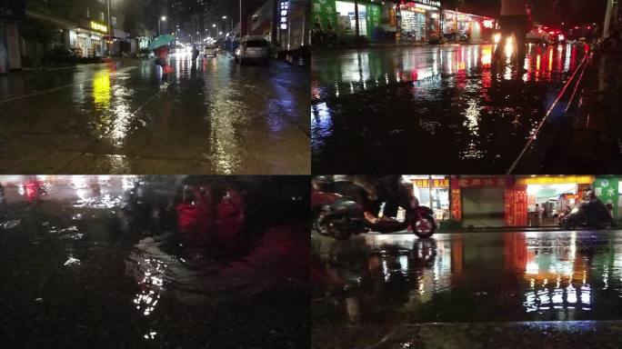 夜景 晚上倾盆大雨 下大雨 大雨雨中车辆