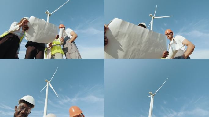 四名多族裔安全伙伴一边研究风力涡轮机蓝图一边研究。工程师讨论风力涡轮机团队合作和穿越环境领域.电力生