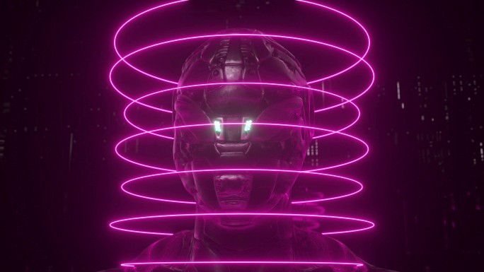 技术背景上带有霓虹灯环的机器人的肖像。3D动画