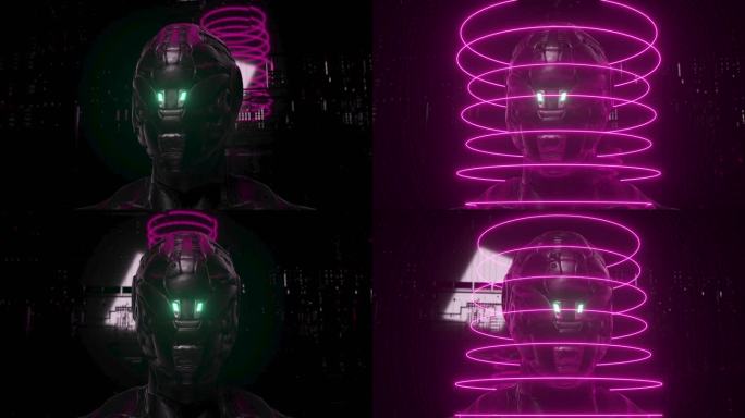 技术背景上带有霓虹灯环的机器人的肖像。3D动画