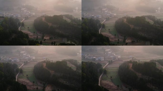 4K冬日清晨雾气缭绕的村庄