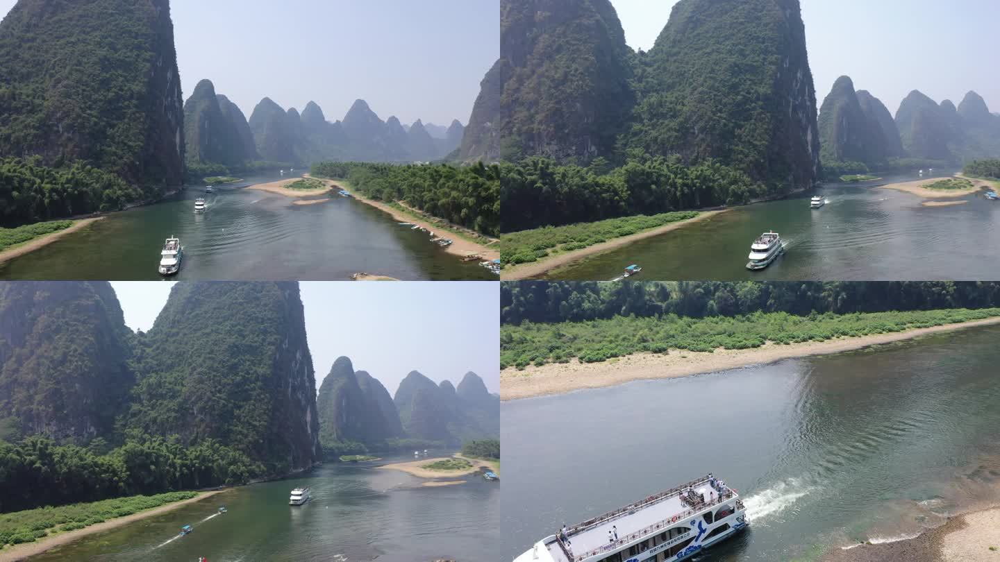桂林20元背景游船船队到达航拍