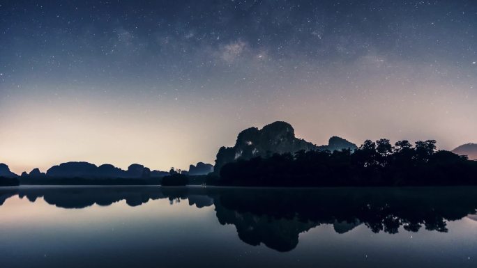 密尔基韦和星星在夜间对大坝水的反射 