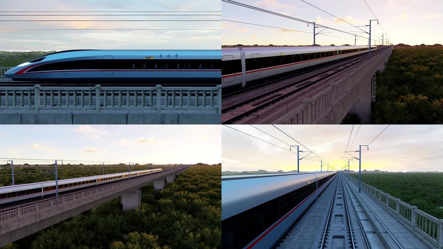 4K60帧复兴号高铁行驶在日出夕阳中