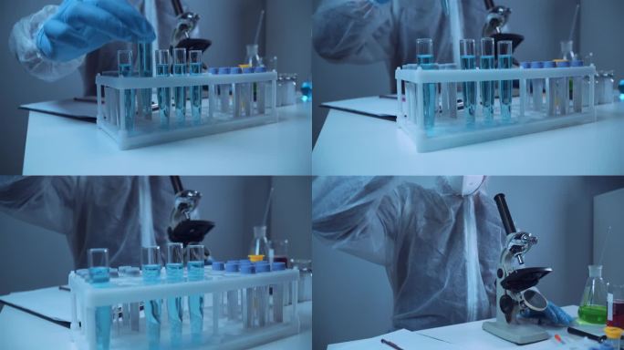 生物化学实验室研究、防护服化学家、实验室用含化学液体科学实验的设备、显微镜和玻璃器皿分析蓝色样品