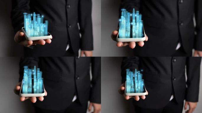 商人举行3D城市模型展示增强的现实技术