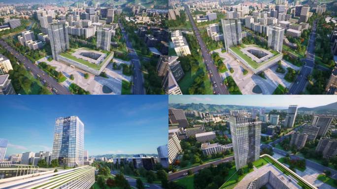 城市建筑三维可视化动画鸟瞰玻璃幕墙