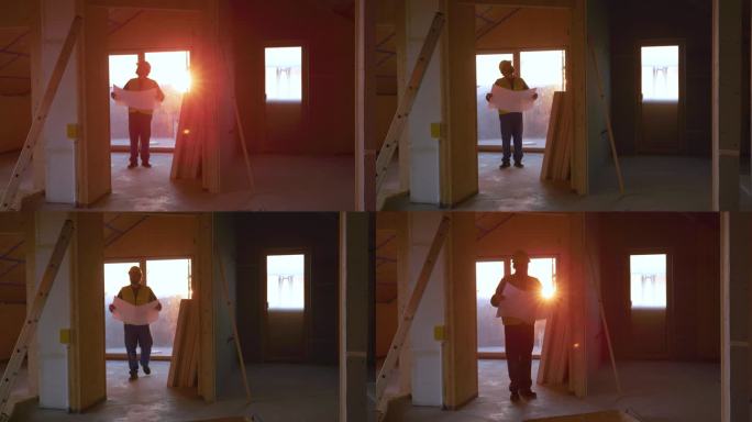 镜头光斑: 建筑师在金色落日下环绕一座在建房屋行走。