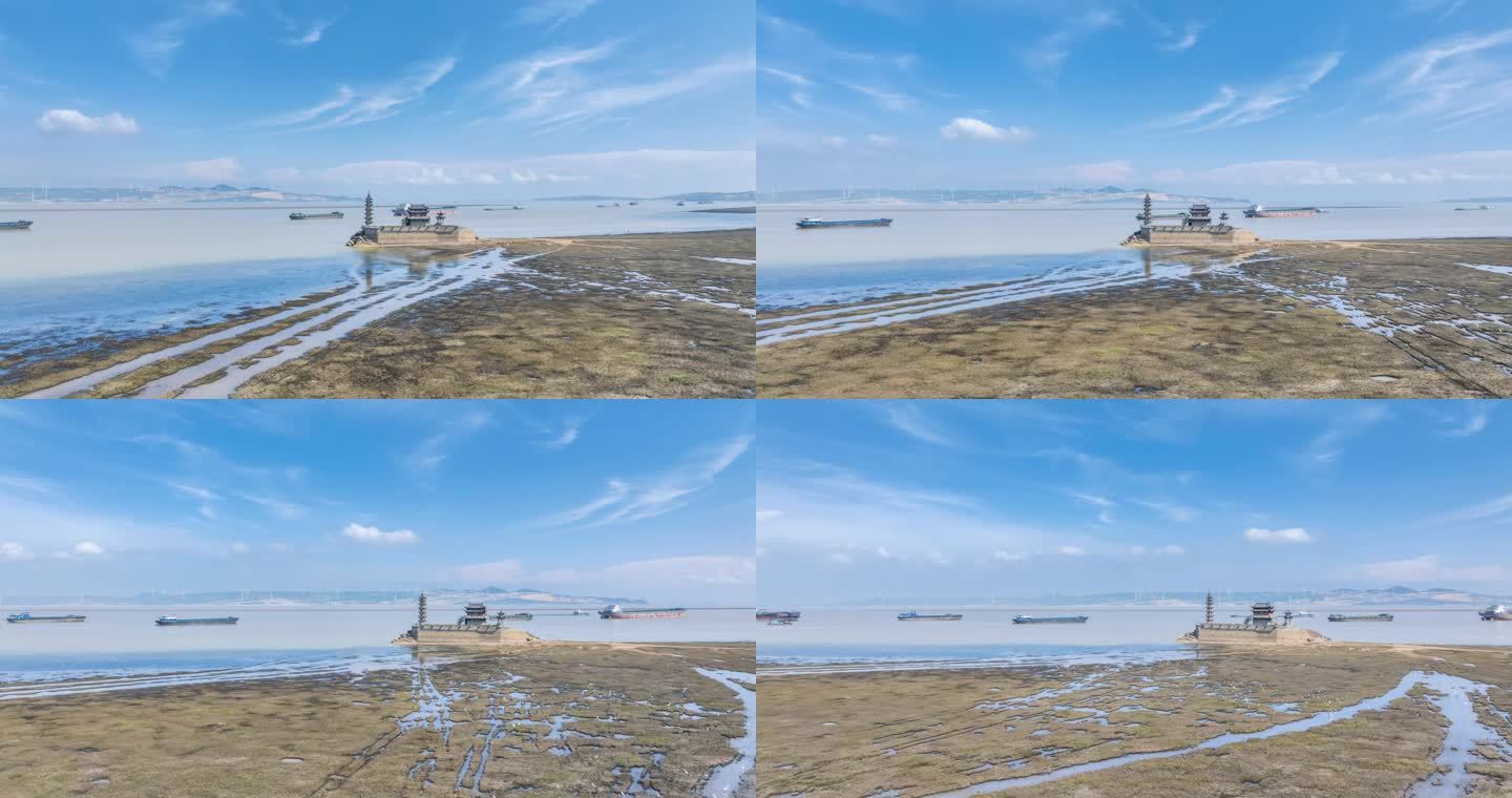 鄱阳湖地质奇观落星墩夏季航拍延时