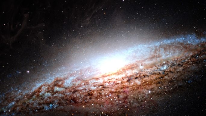 无缝圈星系通过外太空向明亮的银河系探索。4k环路动画，通过发光的星云，云团和星团飞行。太空旅行NGC