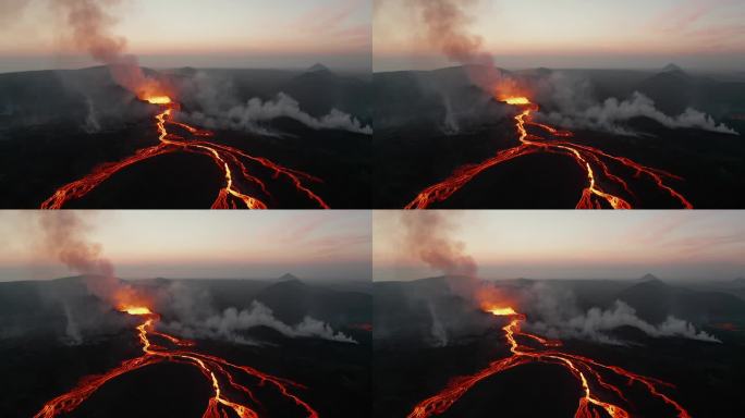 全景空中景观的晨景与流动熔岩流。fagradarsfjall火山。冰岛，2021年