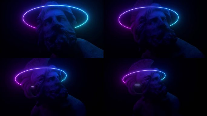 菲洛波人雕塑被霓虹灯照亮。通过3D扫描获得的博物馆艺术品。复古的未来主义设计。3D动画