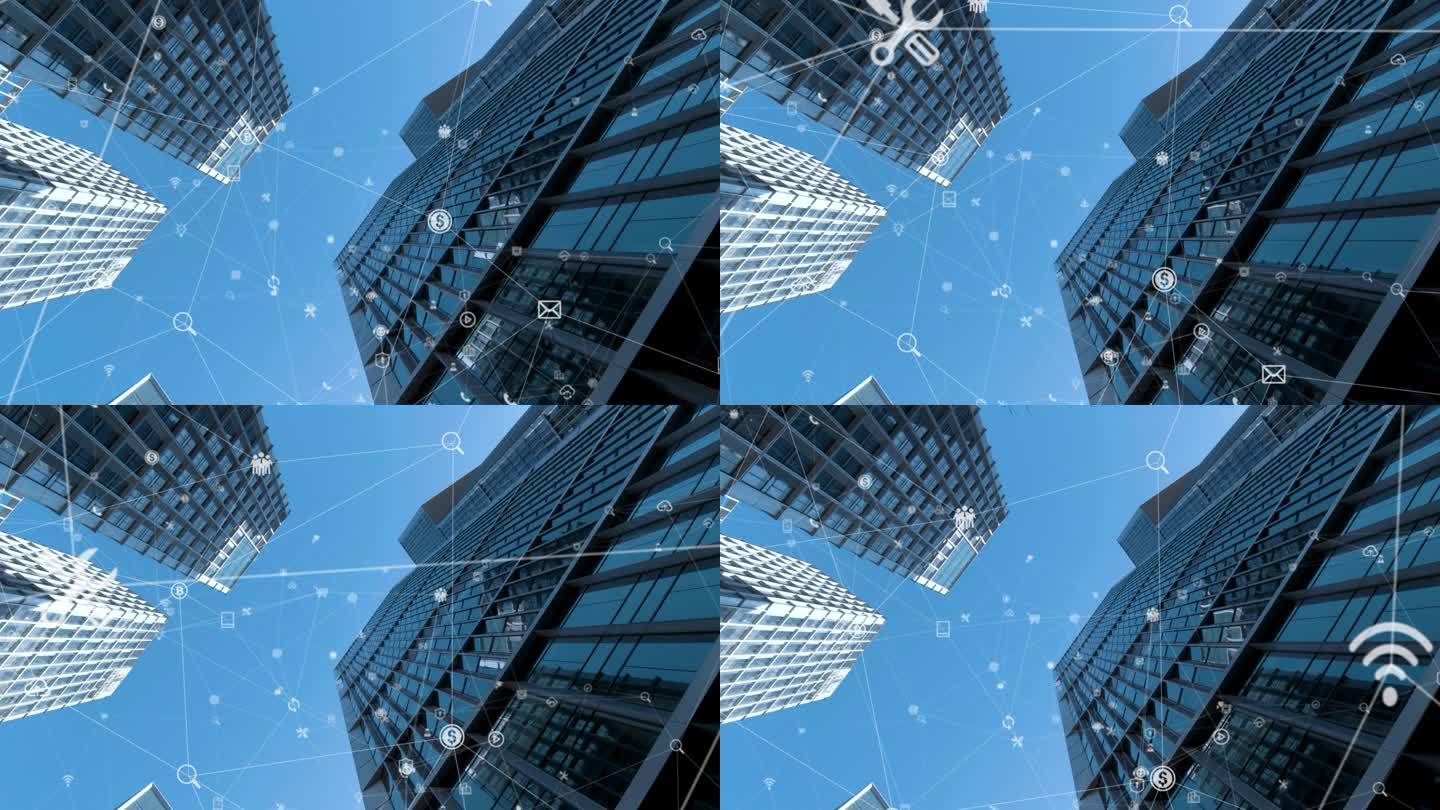 智能连接城市天际线。未来网络概念，城市技术.