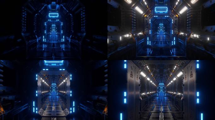 在宇宙飞船的隧道里飞行，一个科幻穿梭走廊。未来主义抽象技术。技术和未来的概念。闪光的光。3D无缝循环