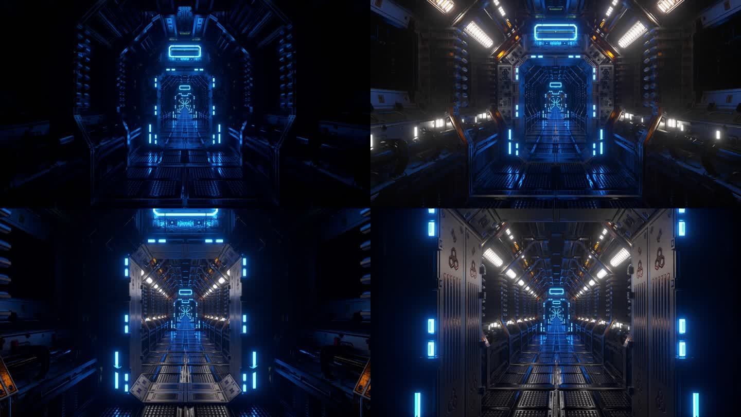 在宇宙飞船的隧道里飞行，一个科幻穿梭走廊。未来主义抽象技术。技术和未来的概念。闪光的光。3D无缝循环