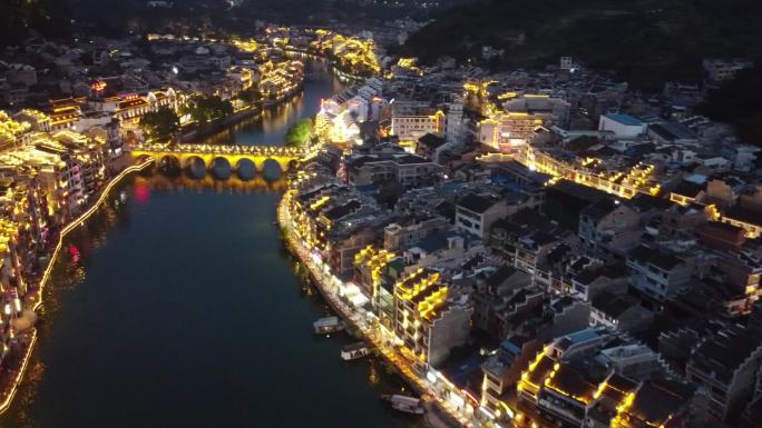 贵州航拍镇远古镇日落小城夜景场景