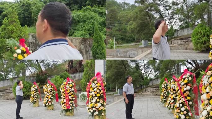 庄严的军礼老军人敬礼献花圈向纪念碑献花圈