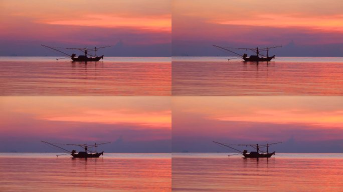 日落时，捕鱼船在安达曼海漂浮，日落前，阳光闪烁着，还有船的运输背景 