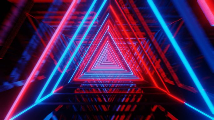 文摘:红色和蓝色霓虹灯三角发光隧道.3D循环动画