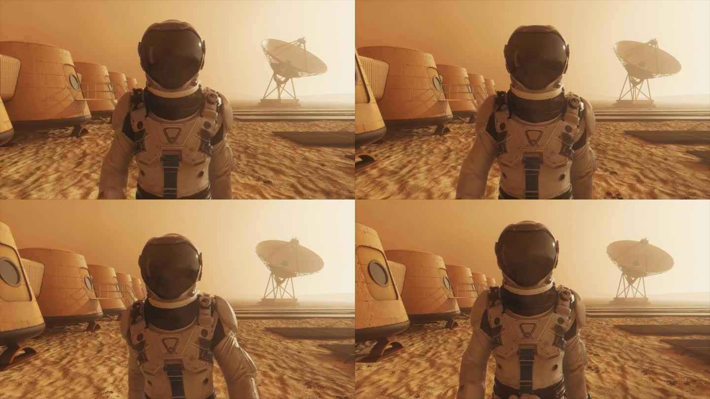火星上的宇航员绕着他的基地绕行宇航员沿着基地行走。小沙尘暴卫星天线把数据传送到地面.现实的3D动画