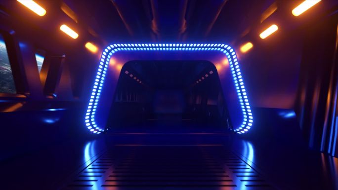 带有霓虹灯的太空科幻隧道。宇宙飞船窗外的行星地球。空间技术概念。无缝循环3D动画