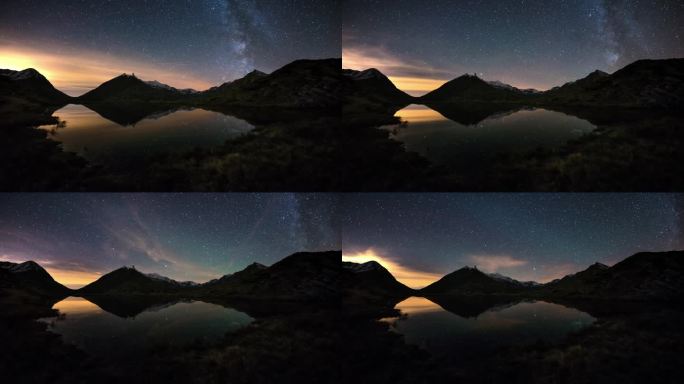 银河和白雪覆盖的山脊之外的星空的明显的旋转，反映在田园诗般的松树湖上。猎户座星座从左至右。延时4k视