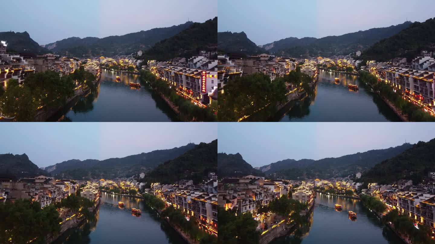 贵州航拍镇远古镇日落小城夜景场景