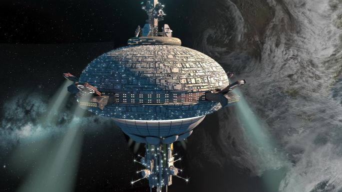 不明身份的外星飞船在地球附近飞行，进行未来主义电子游戏、幻想背景和星际深空旅行.