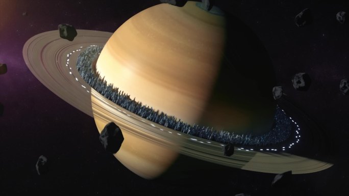 外太空土星行星。城市位于土星环上，土星殖民的概念。3D动画