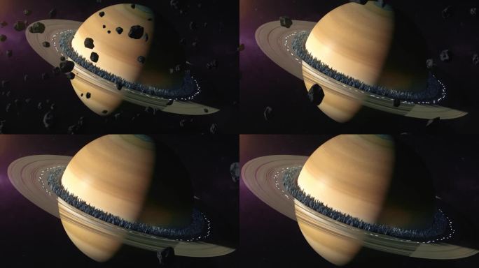 外太空土星行星。城市位于土星环上，土星殖民的概念。3D动画