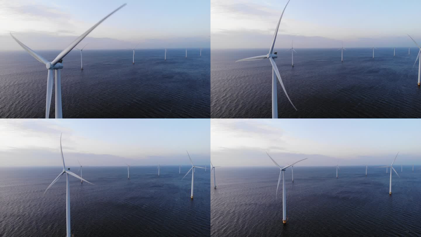 有云彩和蓝天的离岸风车公园、有风力涡轮机的海洋公园、荷兰