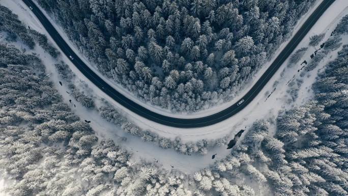 冬季空中蜿蜒的道路.多雪的森林里的路。蜿蜒的山路顶视图。空中景观.