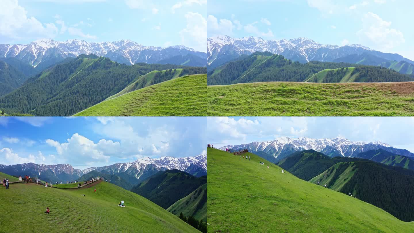航拍大美新疆雪山游客打卡地空中草原