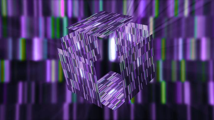 光盒在网络空间打开。行动。未来主义的空立方体在背景上闪烁着条纹背景.3D立方体在电脑游戏空间中打开