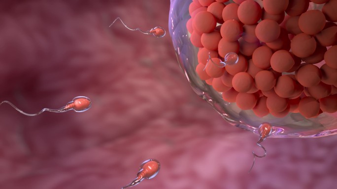 精子游向卵子，在体内获得新的生命。实验室中的微生物学概念与3d渲染。