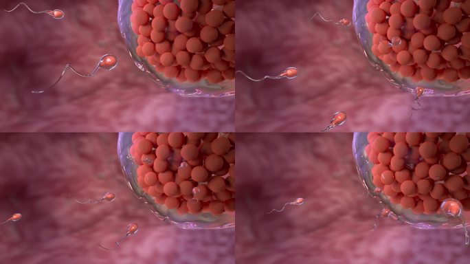 精子游向卵子，在体内获得新的生命。实验室中的微生物学概念与3d渲染。