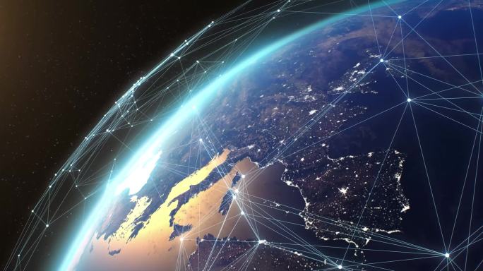 数字网格覆盖地球日出。通过卫星的互联网连接。全球网络连接到抽象的卫星三维渲染世界.现代商业和技术概念