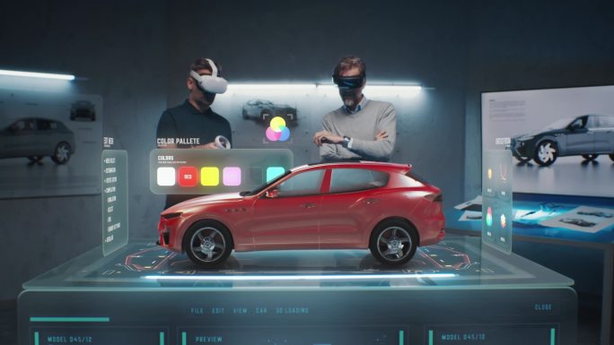 两名开发工程师为未来的环保可持续电动汽车原型选择了一种颜色。使用虚拟现实耳机和全息图。尖端技术。汽车