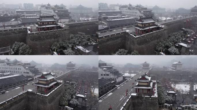西安城墙敌楼雪景航拍