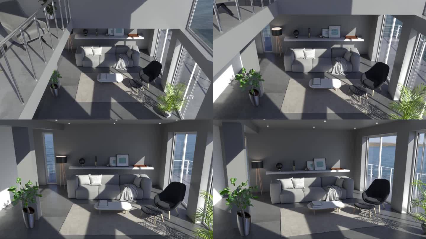 3D视频渲染镜头当代室内设计客厅。客厅里风格别致的内饰