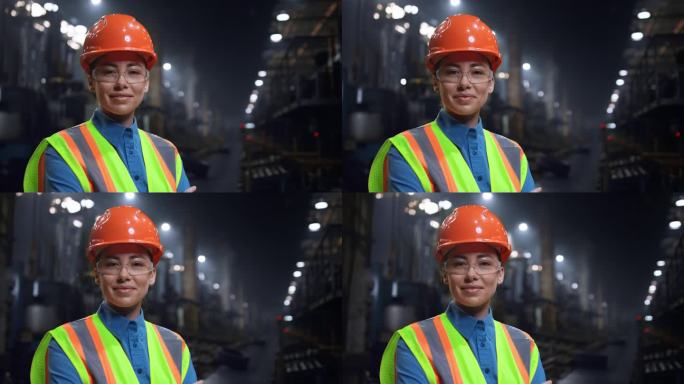 在巨大的工业仓库里戴安全帽的女工程师笑着相机.