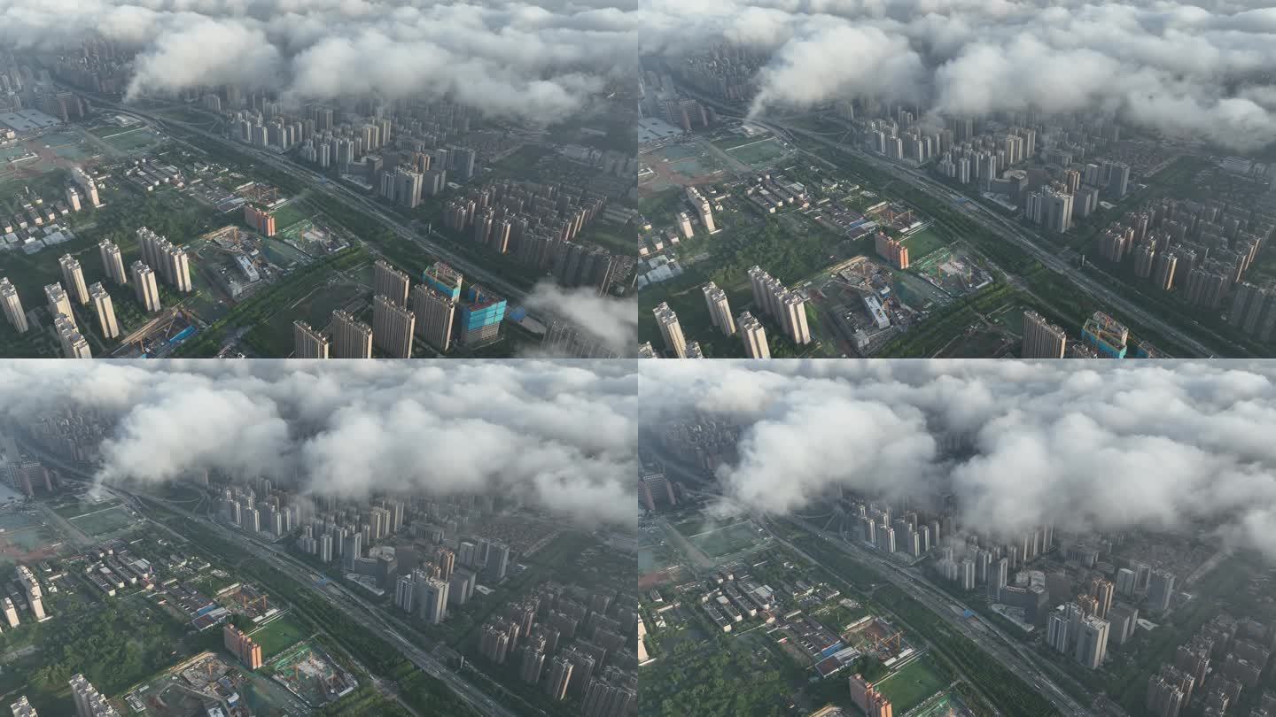 西安日出云海空景城市通用素材城市云海交通
