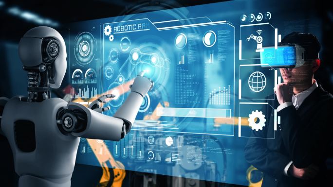 Cybernature工业机器人和人类工作者在未来工厂共同工作。工业革命和自动化制造过程的人工智能概