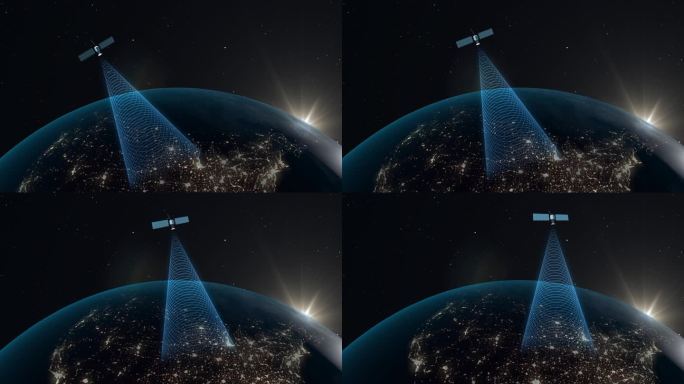 地球轨道上的人造卫星接收并向夜间行星表面传送数字信号。GPS信号可视化，全球互联网，国际通信。3D渲