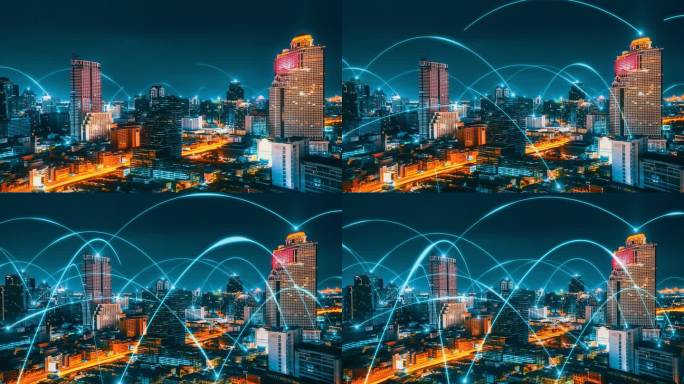 智能数字城市与连接网络互惠互利的城市景观。未来智能无线数字城市和社交媒体网络系统的概念。